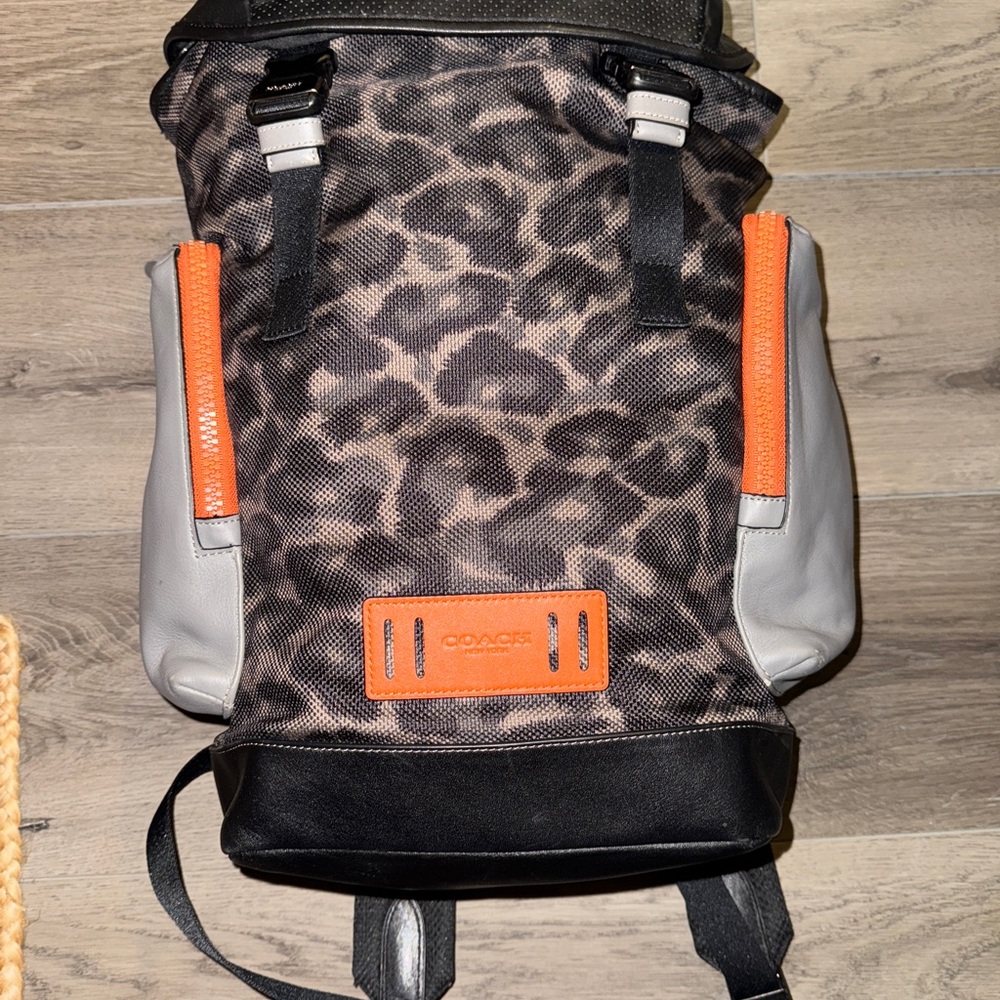 Coach Leopard Print Backpack with Orange Accents